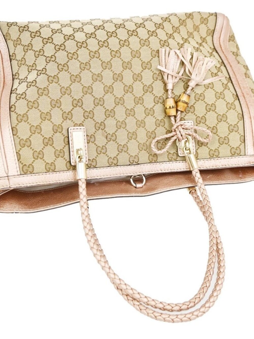GUCCI Bamboo GG Tassel Shoulder Bag Canvas Leather BN Pink Italy GHW 85TA673 - Picture 5 of 15